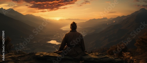 Solitary figure meditating against sunset backdrop in mountainous terrain, overlooking tranquil valley view. © ZenOcean_DigitalArts