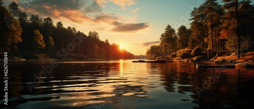Serene forest lake at golden hour, reflecting sunlit trees, calm waters, and picturesque wilderness.