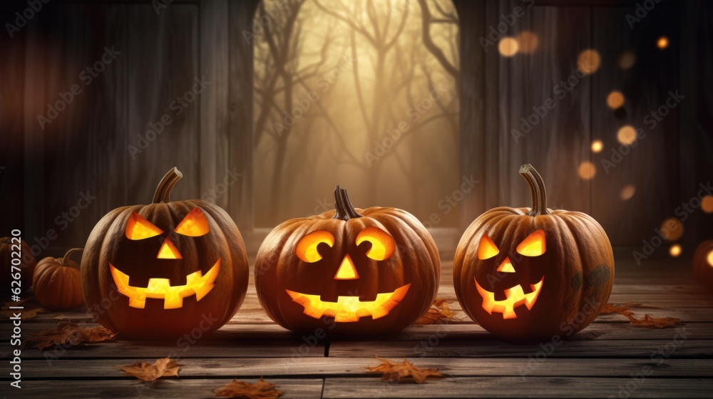 Fototapeta premium Halloween celebration background with pumpkin monster, light, and other decorations.