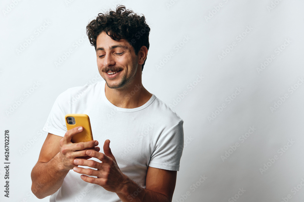 White man phone t-shirt message hipster online technology White man phone t-shirt message hipster online technology