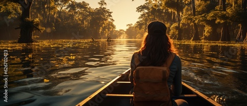Adventurous Woman Canoeing in a Sunlit Forested Wetland
