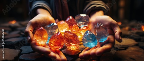 Hands Holding Colorful Glowing Crystals with Magical Brilliance