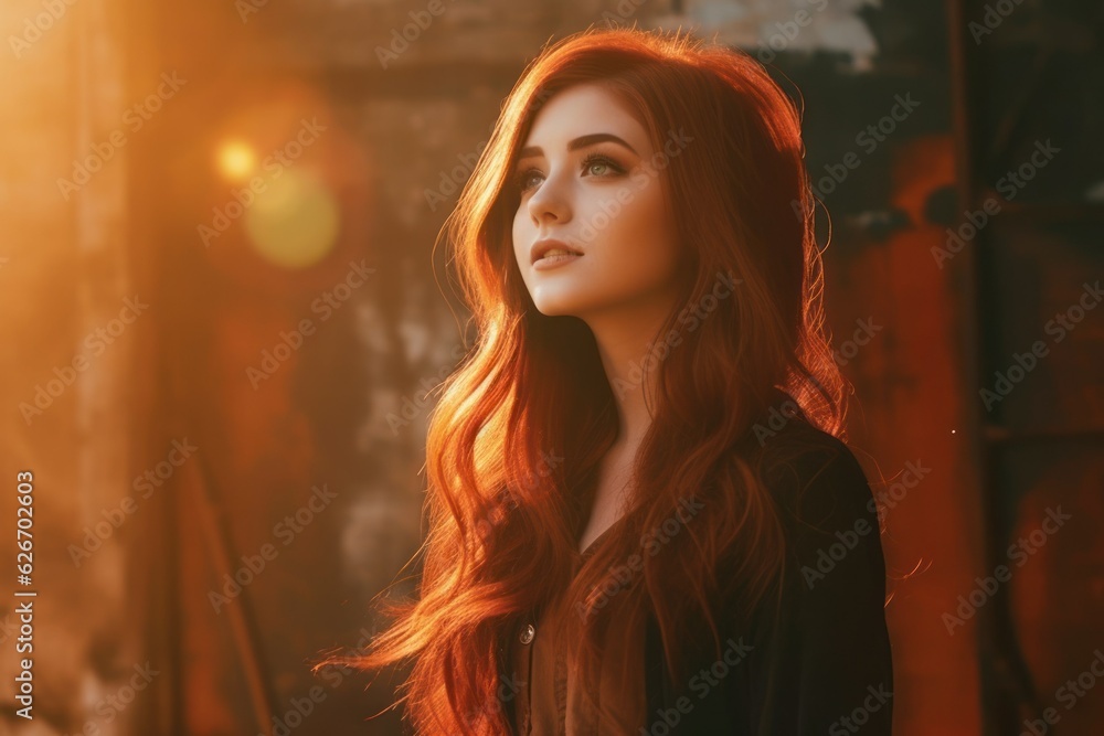Portrait of a fictional beautiful redhead brunette model. Generative AI. Portrait of a fictional beautiful redhead brunette model. Generative AI.