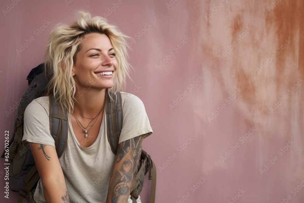 Fictional blonde traveler middle aged woman with a backpack sitting on the floor in front of a pink wall and smiling. Generative AI. Fictional blonde traveler middle aged woman with a backpack sitting on the floor in front of a pink wall and smiling. Generative AI.