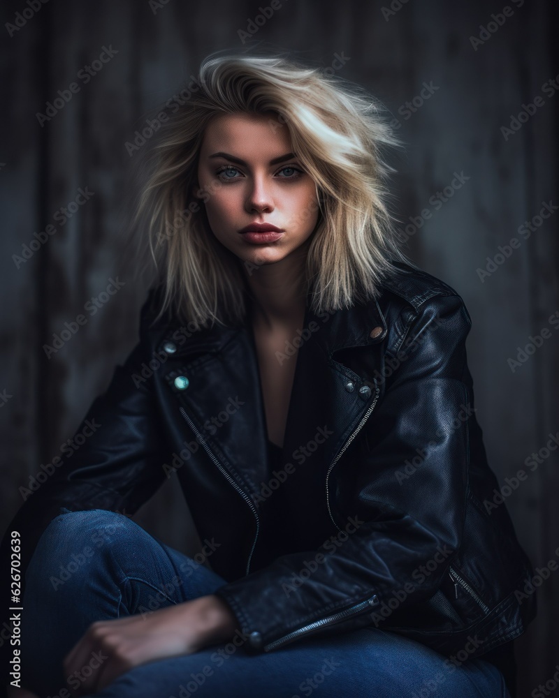 Portrait of a fictional blonde woman in leather jacket. Generative AI.