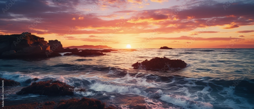Majestic Seaside Sunset. Waves crash against rocks under a stunning sunset, symbolizing nature's dynamic beauty and the serenity of ocean landscapes.