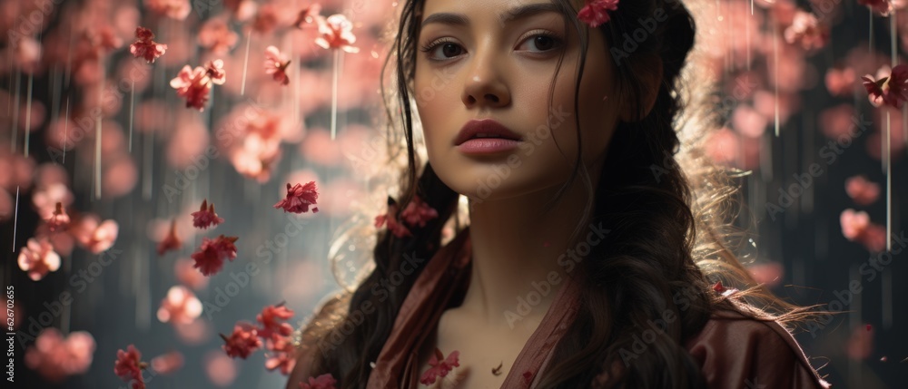 Enigmatic Woman Among Falling Cherry Blossoms evokes a sense of fleeting beauty and the quiet contemplation of nature's cycles. Enigmatic Woman Among Falling Cherry Blossoms evokes a sense of fleeting beauty and the quiet contemplation of nature's cycles.