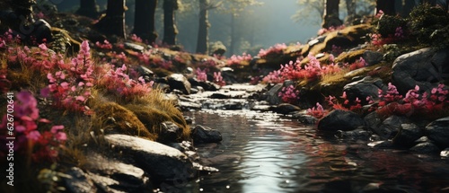 Forest Creek in Bloom. Pink flowers adorn a serene forest stream, conveying a sense of tranquility and the rejuvenating power of nature.