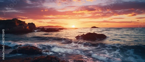 Majestic Seaside Sunset. Waves crash against rocks under a stunning sunset, symbolizing nature's dynamic beauty and the serenity of ocean landscapes.