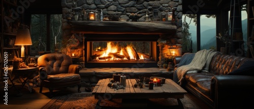Cozy Cabin Warmth. Fireplace glows in a luxurious cabin, symbolizing warmth, comfort, and the inviting peace of a mountain retreat.