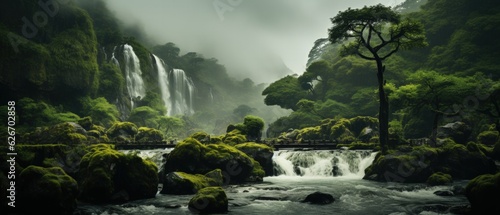 Mystical Forest Cascade: Lush greenery and waterfalls, conveying serenity and the majesty of untouched nature.