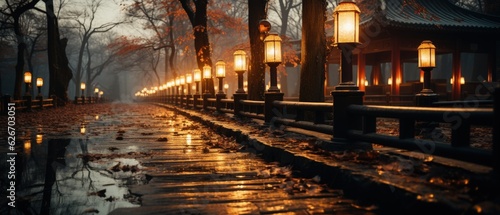 Lantern-Lit Path in Misty Park depicts a tranquil, foggy walkway at dusk, exuding mystery and a peaceful ambiance.
