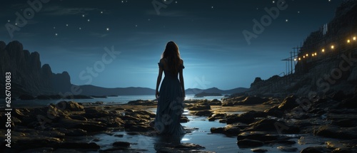 Woman in long dress contemplating serene night-time ocean landscape with digital compositing, scenic rocks, and distant lights.