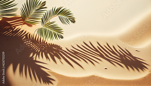 Idyllic empty sand beach with water wave and palm leaf shadow from above, beautiful sunny summer vacation background with copy space for text or product presentation Ai generated image