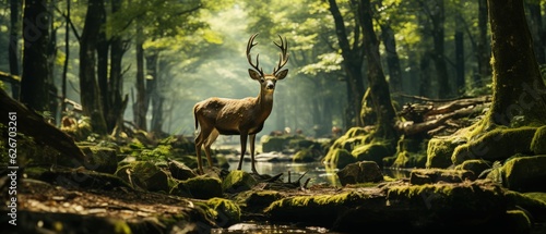 Forest Monarch: Stag in sunlit woods, representing majesty and the serenity of wildlife.