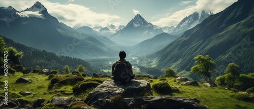 Meditative Mountain Valley, Man in Solitude. A serene image of a man meditating on a rock, overlooking a vast mountain valley, symbolizing contemplation and nature's majesty