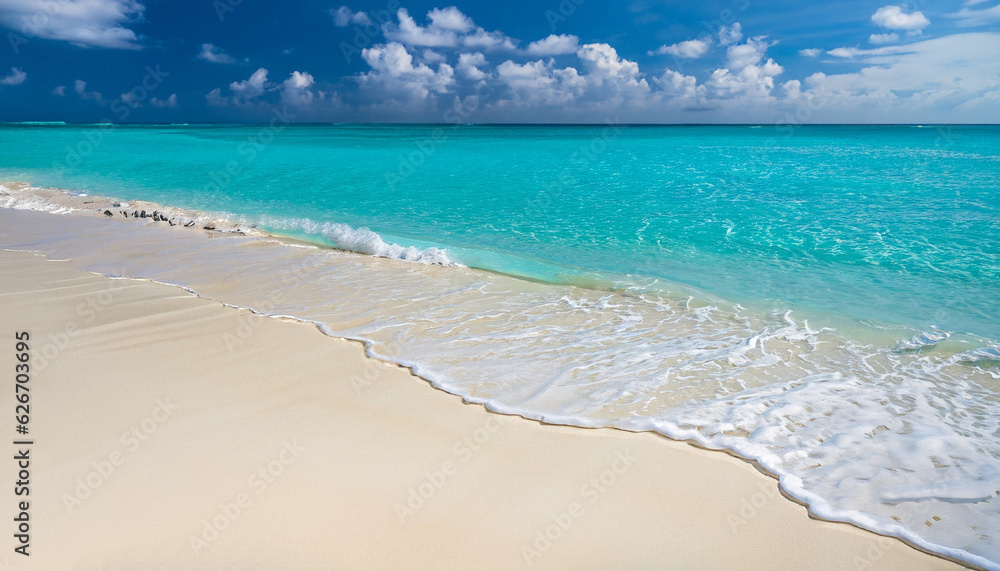 Beautiful sandy beach with white sand and rolling calm wave of turquoise ocean on Sunny day on background white clouds in blue sky. Island in Maldives, colorful perfect panoramic natural landscape. Beautiful sandy beach with white sand and rolling calm wave of turquoise ocean on Sunny day on background white clouds in blue sky. Island in Maldives, colorful perfect panoramic natural landscape.
