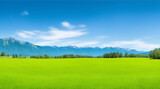 Panoramic natural landscape with green grass field, blue sky with clouds and and mountains