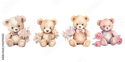 Watercolor Teddy Bear with pink rose clipart for graphic resources