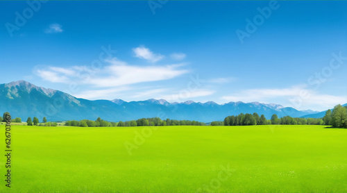 Panoramic natural landscape with green grass field  blue sky with clouds and and mountains