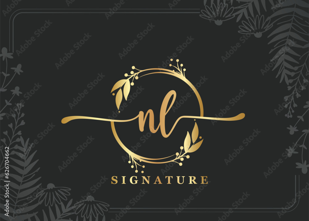 luxury signature initial nl logo design isolated leaf and flower