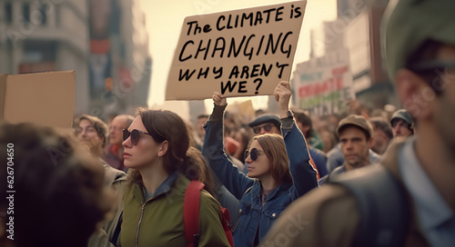 Front view of people with placards and posters on global strike for climate change: the climate is changing why aren't we? Generative AI