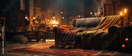 Cozy vintage living room with lit candles, plush sofa, blankets, and antique furniture in soft glow.