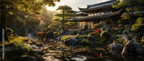 Serene traditional Japanese garden with koi pond, vibrant foliage, and wooden temple in golden light.  