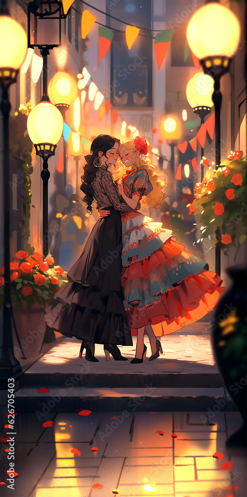 Naklejka premium Harmony of Love: Graceful Evening Dance of Two Girls in Carnival Dresses, Celebrating Romance and Freedom in the City, Lesbian Couple, Two Women Love