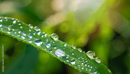 Beautiful water drops after rain on green leaf in sunlight, macro. Many droplets of morning dew outdoor, beautiful round bokeh, selective focus. Amazing artistic image of purity and fresh of nature.
