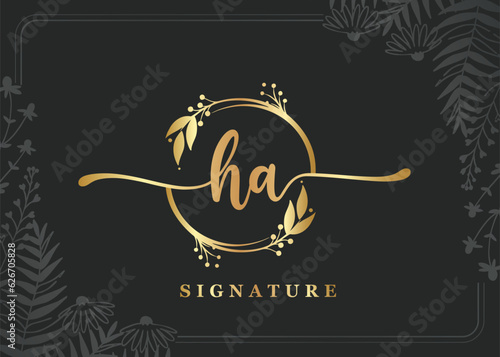 luxury gold signature initial ha logo design isolated leaf and flower