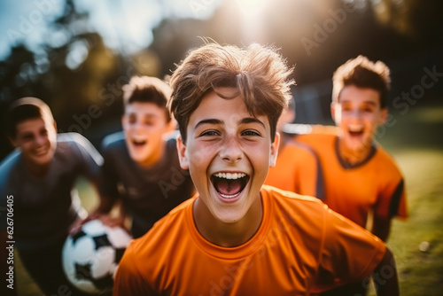Teenage boys playing soccer, celebrating victory, teamwork, sports, competition, achievement, friendship and cheering photo