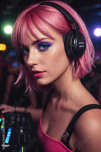 Female DJ with vibrant appearance, quirky style, and playful accessories in a music club. Cinematic lighting, RAW photo. © FT AI ARTS