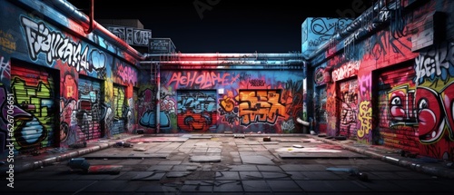 A vibrant night scene featuring graffiti-covered urban walls adorned with colorful street art, adding artistic flair to the cityscape © ZenOcean_DigitalArts