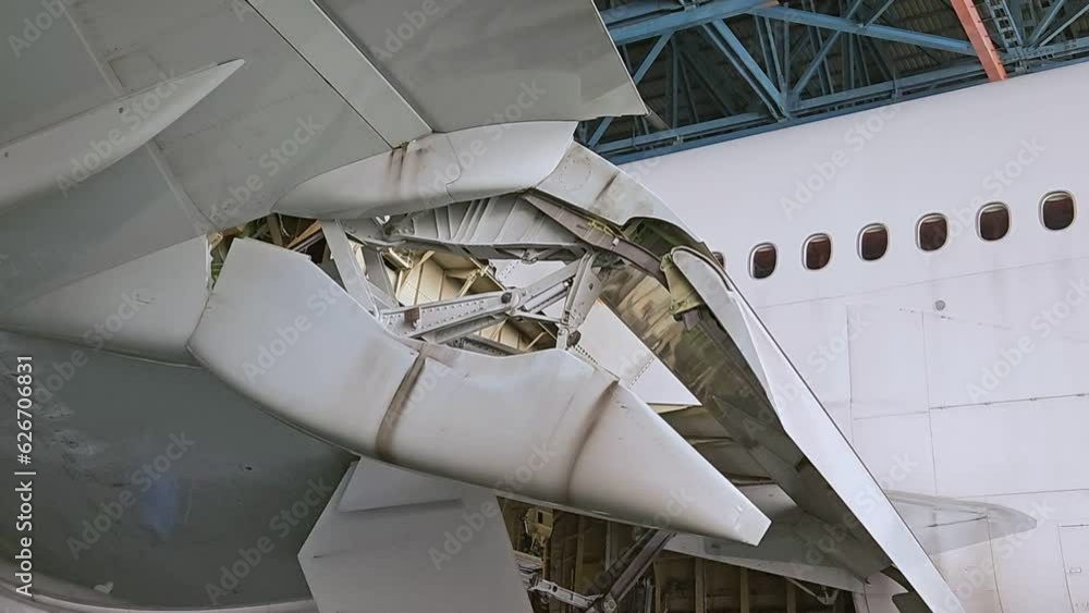 Aircraft's inboard flaps are being moved retraced using hydraulic system of aircraft at maintenance finish. Aircraft's inboard flaps are being moved retraced using hydraulic system of aircraft at maintenance finish.