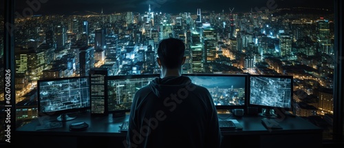 Back view of a man overlooking city skyline, panoramic nighttime cityscape, urban monitoring room, futuristic city observer, modern surveillance concept.