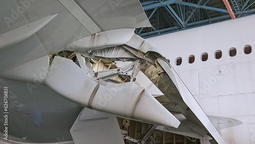 Aircraft's inboard flaps are being moved retraced using hydraulic system of aircraft at maintenance finish.