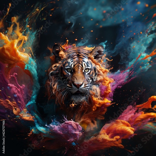 The fascination and power and strength of a tiger in its great beauty  mixed with the power of human transformation. Generated by AI.