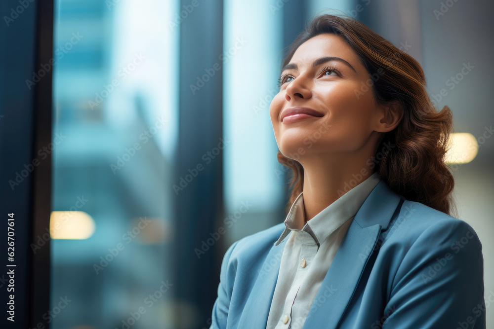 Proud and confident woman reflecting on a recent business achievement with satisfaction and gratitude, with her looking towards the sky in search of new ideas Proud and confident woman reflecting on a recent business achievement with satisfaction and gratitude, with her looking towards the sky in search of new ideas