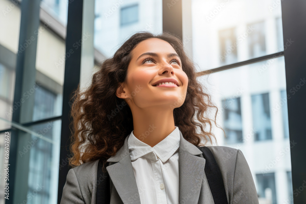 Proud and confident woman reflecting on a recent business achievement with satisfaction and gratitude, with her looking towards the sky in search of new ideas Proud and confident woman reflecting on a recent business achievement with satisfaction and gratitude, with her looking towards the sky in search of new ideas