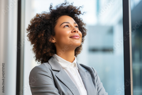 Proud and confident African American woman reflecting on a recent business achievement with satisfaction and gratitude, with her looking towards the sky in search of new ideas
