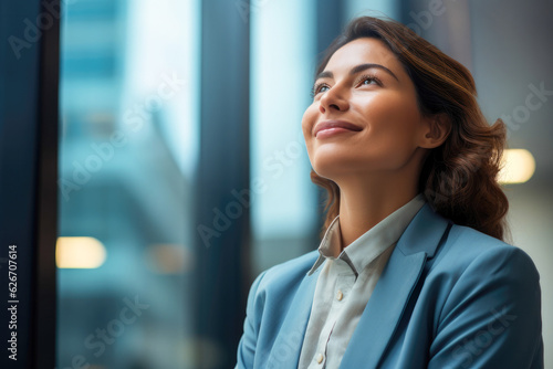 Proud and confident woman reflecting on a recent business achievement with satisfaction and gratitude, with her looking towards the sky in search of new ideas