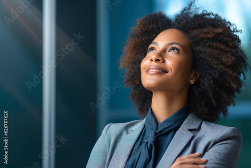 Proud and confident African American woman reflecting on a recent business achievement with satisfaction and gratitude, with her looking towards the sky in search of new ideas