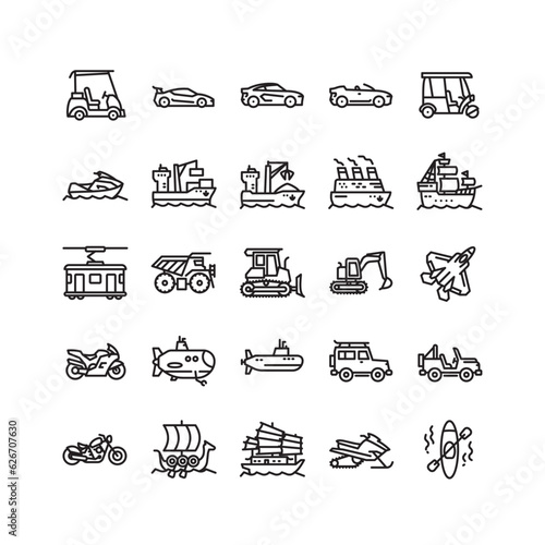 Simple Set of Transportation-Related Vector Line Icons Contains such Icons as sport car, tram, dump truck, jet fighter, jeep, sail boat, and more. Editable Stroke. Pixel-perfect at 64x64
