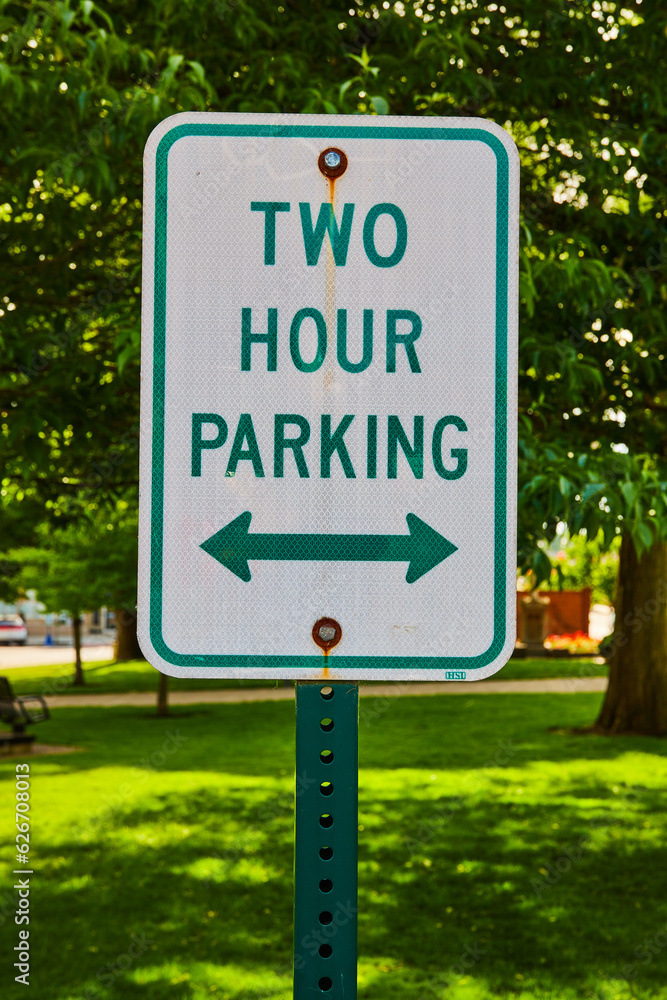 Vertical of tall green Two Hour Parking sign with green lawn and trees in background
