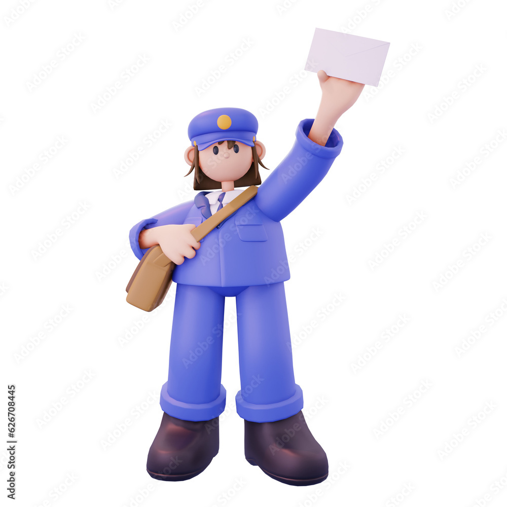 female postal courier standing carrying a letter from the front female postal courier standing carrying a letter from the front