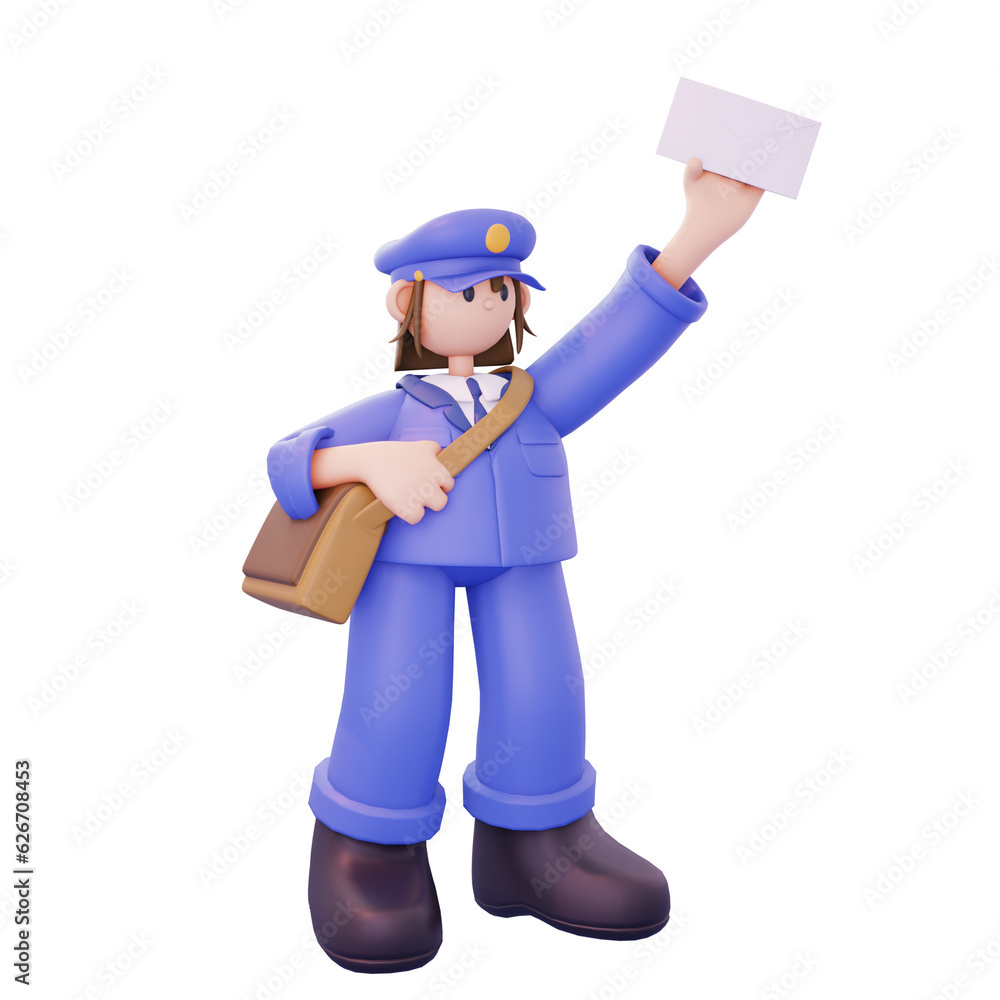 female postal courier stands carrying letters from the right female postal courier stands carrying letters from the right