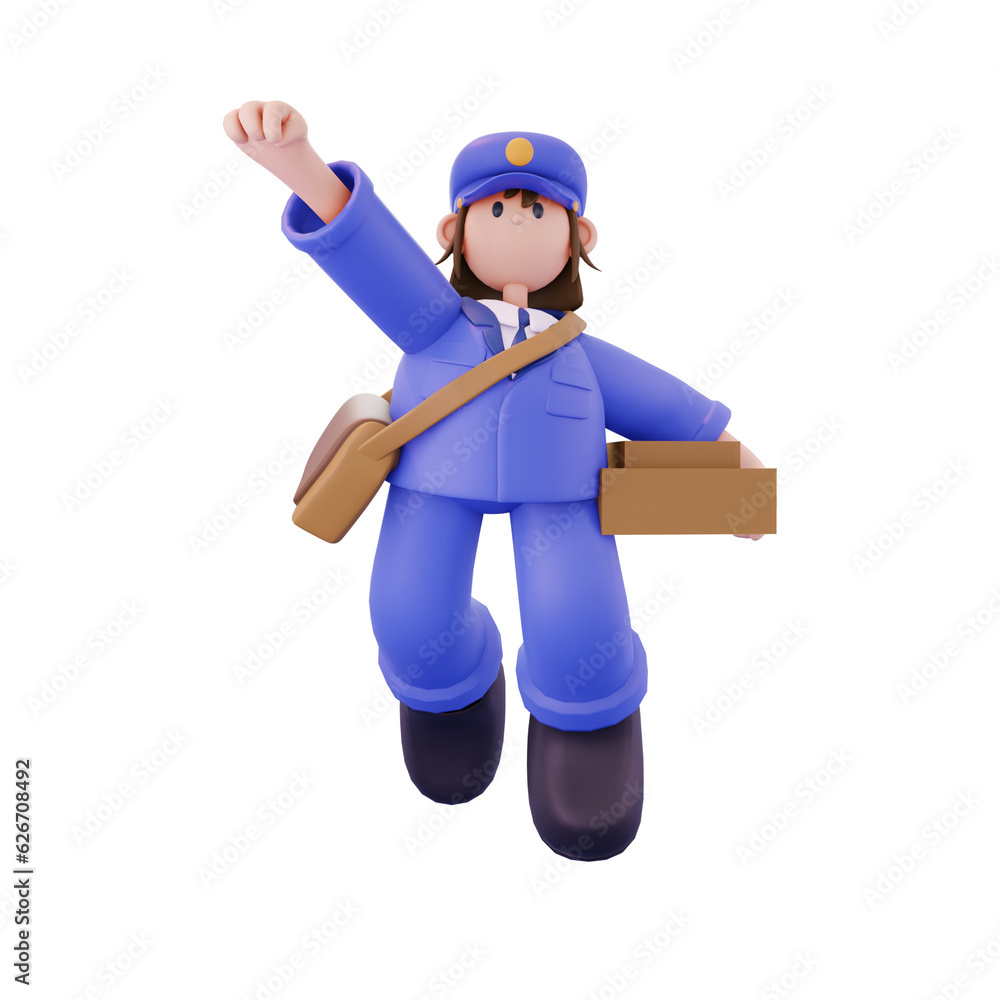 female postal courier carrying box flying pose from front
