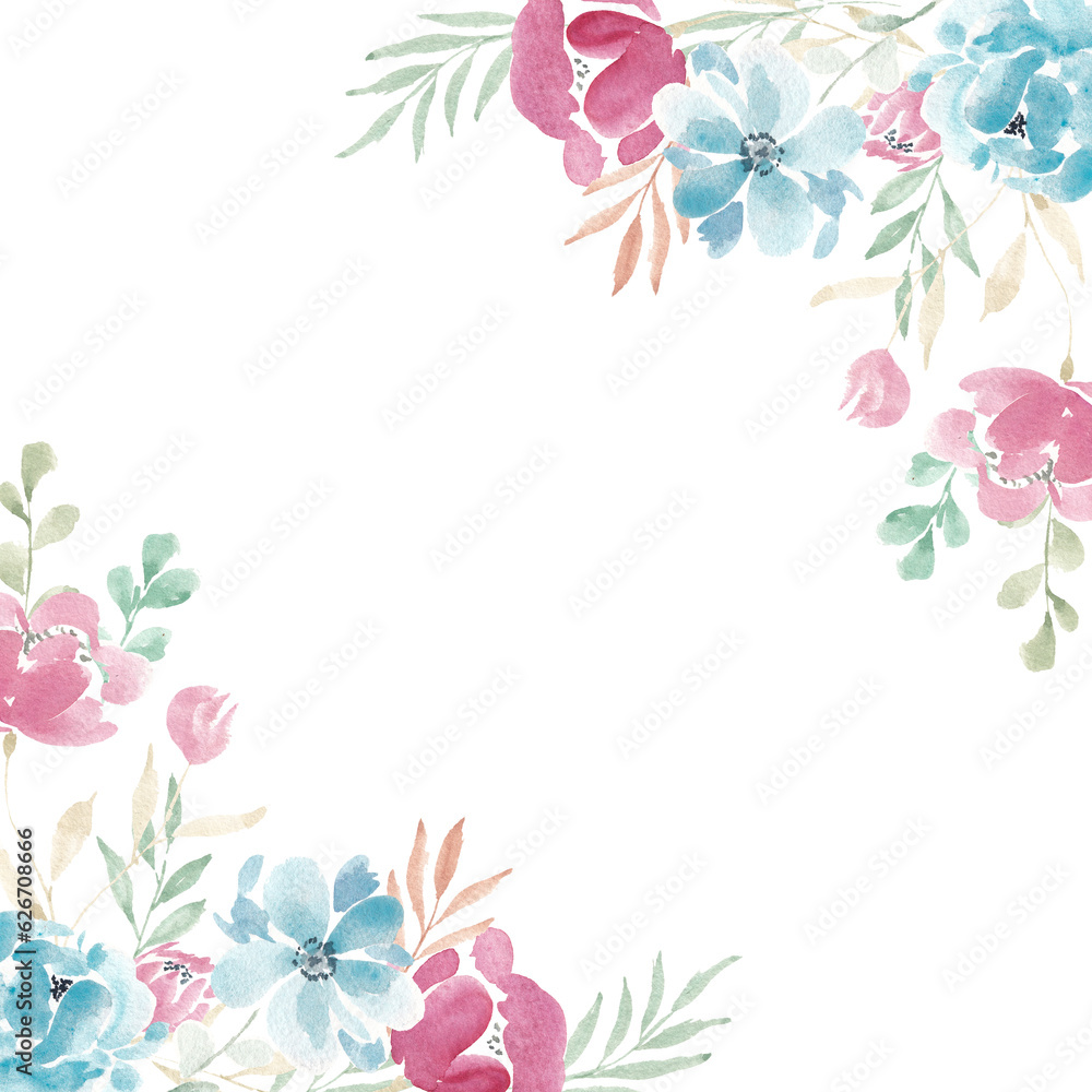 Pink and Blue Rose Watercolor Flower Border