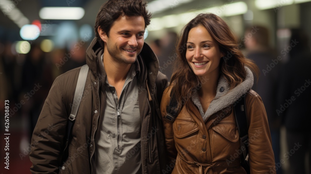 Happy couple traveling together around the world - catching a moment of endearment